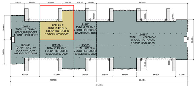 9122 - 1,496.07m2 Available; 6 Dock High Doors; -1 Grade Level Door