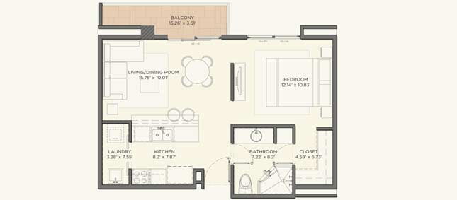 Model A - 58 m2 (624 sq. ft.) - Terraces & Balconies: 5 m2 (54 sq. ft.) Model A - 58 m2 (624 sq. ft.) - Terraces & Balconies: 5 m2 (54 sq. ft.)
