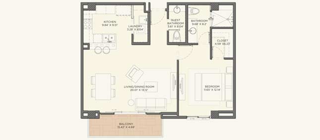 Model C - 81 m2 (872 sq. ft.) - Terraces & Balconies: 7 m2 (75 sq. ft.) Model C - 81 m2 (872 sq. ft.) - Terraces & Balconies: 7 m2 (75 sq. ft.)
