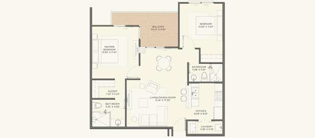 Model D - 98 m2 (1,055 sq. ft.) - Terraces & Balconies: 11 m2 (119 sq. ft.) Model D - 98 m2 (1,055 sq. ft.) - Terraces & Balconies: 11 m2 (119 sq. ft.)