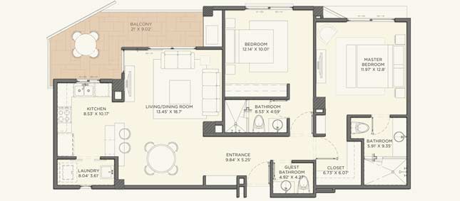 Model E - 113 m2 (1216 sq. ft.) - Terraces & Balconies: 13 m2 (140 sq. ft.) Model E - 113 m2 (1216 sq. ft.) - Terraces & Balconies: 13 m2 (140 sq. ft.)