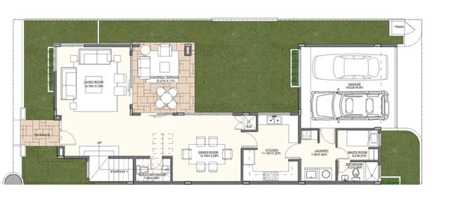 Casa 4 Lower Level - 222 m2 (2,389 sf) - Garage; 31 m2 (333 sf); Terraces & Balconies: 49 m2 (527 sf)