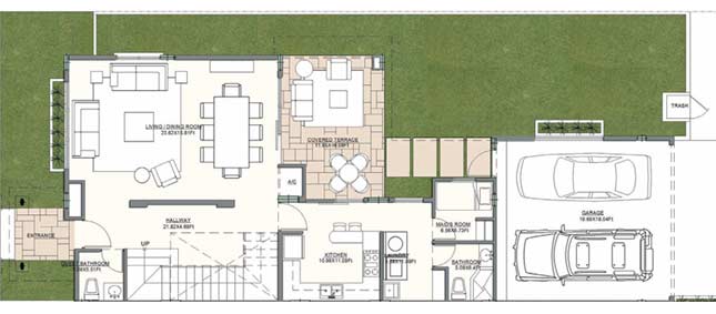 Casa 5 Lower Level - 193 m2 (2,077 sf) - Garage: 35 m2 (378 sf); Terraces & Balconies: 43 m2 (462 sf)