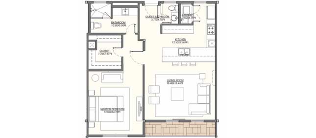 Residence A - 88.80 m2 (955.8 sf); - Terraces & Balconies: 5.25 m2 (56.1 sf) Residence A - 88.80 m2 (955.8 sf); - Terraces & Balconies: 5.25 m2 (56.1 sf)