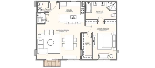 Residence A2 - 104.5 m2 (1,124.83 sf); - Terraces & Balconies: 2.6 m2 (27.99 sf) Residence A2 - 104.5 m2 (1,124.83 sf); - Terraces & Balconies: 2.6 m2 (27.99 sf)