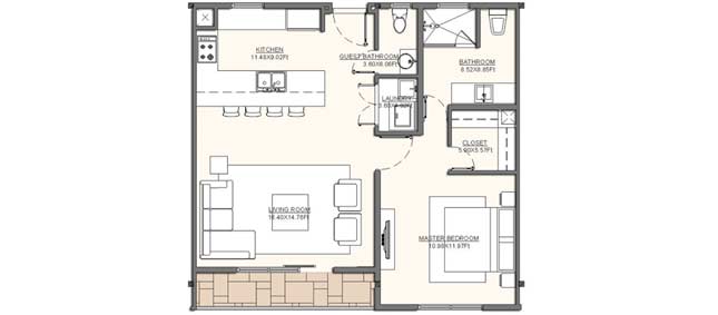 Residence A3 - 79.55 m2 (856.27 sf); - Terraces & Balconies: 5.24 m2 (56.51 sf) Residence A3 - 79.55 m2 (856.27 sf); - Terraces & Balconies: 5.24 m2 (56.51 sf)