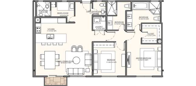 Residence B1 - 129.16 m2 (1,390.27 sf); - Terraces & Balconies: 2.6 m2 (27.99 sf) Residence B1 - 129.16 m2 (1,390.27 sf); - Terraces & Balconies: 2.6 m2 (27.99 sf)