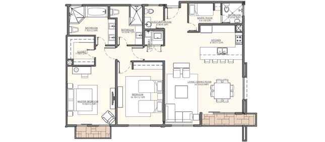Residence B2 - 149.10 m2 (1,604.9 sf); - Terraces & Balconies: 6.95 m2 (74.81 sf) Residence B2 - 149.10 m2 (1,604.9 sf); - Terraces & Balconies: 6.95 m2 (74.81 sf)