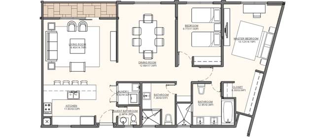 Residence B8 - 132.70 m2 (1,428.37 sf); - Terraces & Balconies: 5.25 m2 (56.51 sf) Residence B8 - 132.70 m2 (1,428.37 sf); - Terraces & Balconies: 5.25 m2 (56.51 sf)